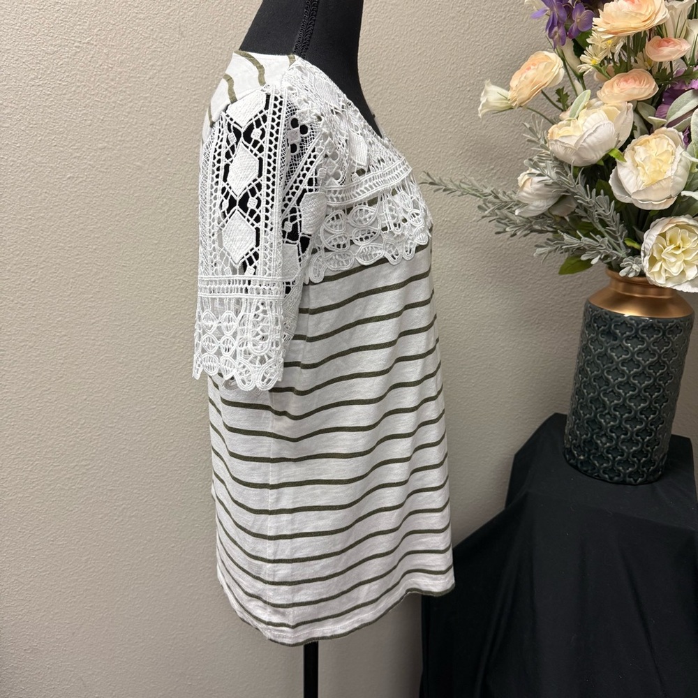 Allison Daley Striped Crochet Lace Yoke Short Sleeve Blouse Top XL White Tan - Picture 4 of 8